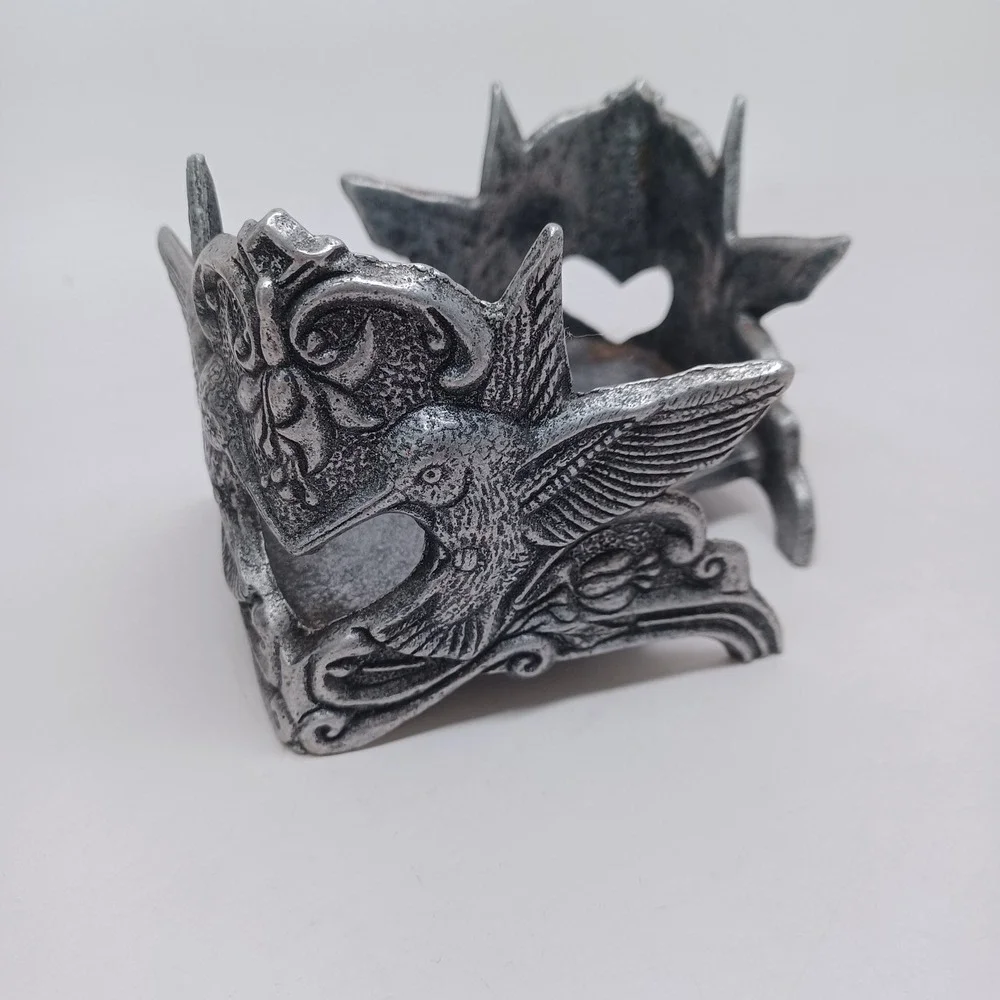 Vintage Style Silver Cast Metal Hummingbird Heart Large Candle Holder Ornate